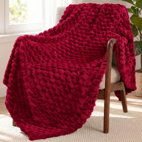 Image of Exclusivo Mezcla Large 3D Fleece Throw Blanket for Couch, Deep Red | Extra Soft Fuzzy Plush Lightweight Throws, Cozy Fluffy Decorative Blankets for All Seasons, 50x70 Inches