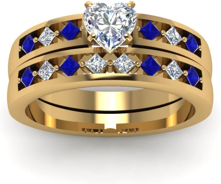 Choose Your Gemstone Kite Diamond CZ Ring Setting with Matching Band Yellow Gold Plated Heart Shape Wedding Ring Sets Minimal Modern Design Birthday Gift Wedding Gift US Size 4 to 12