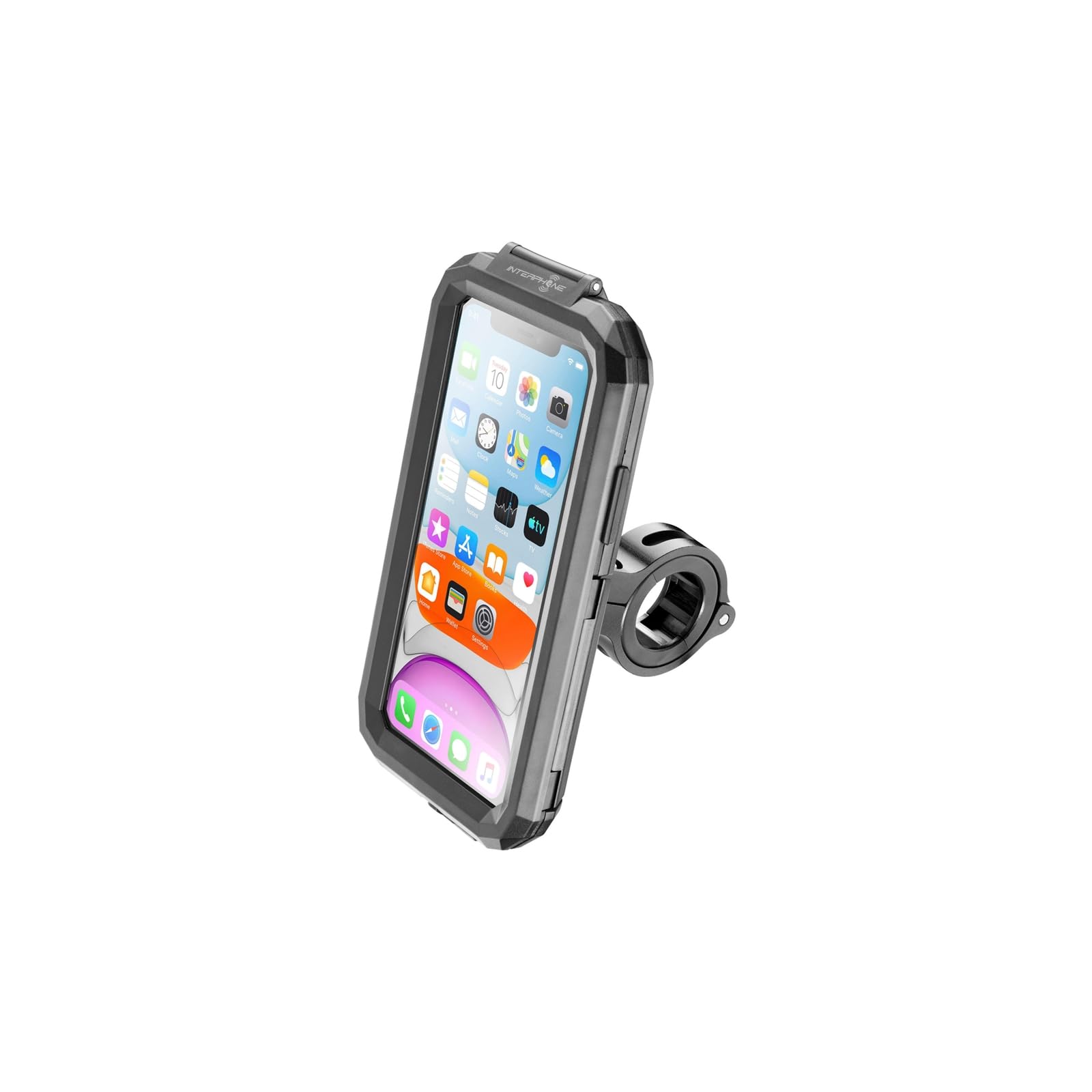 INTERPHONE SMIPHONE11 - Supporto Moto da Manubrio Tondo - Dedicato Iphone 11 - Antivibrazione - Antipioggia e Polvere - Funzionalità del Telefono con i Guanti - Rotazione 360