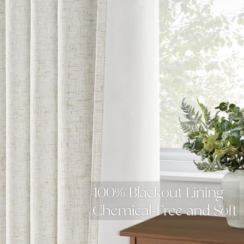 96 Inch Long Blackout Pinch Pleat Curtains - Set of 2 Panels in Neutral Beige Ivory - 8FT Back Tab Window Drapes