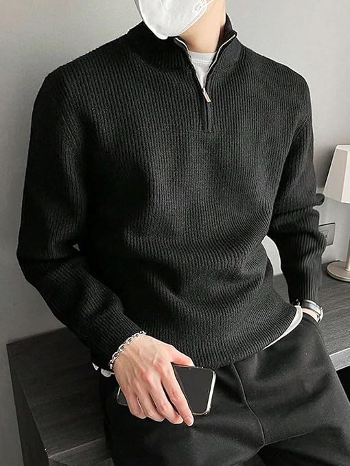 Image of ColorChakra High Neck Woollen Sweater for Mens Half Zip Wool Cardigan Plus Size M to 5XL