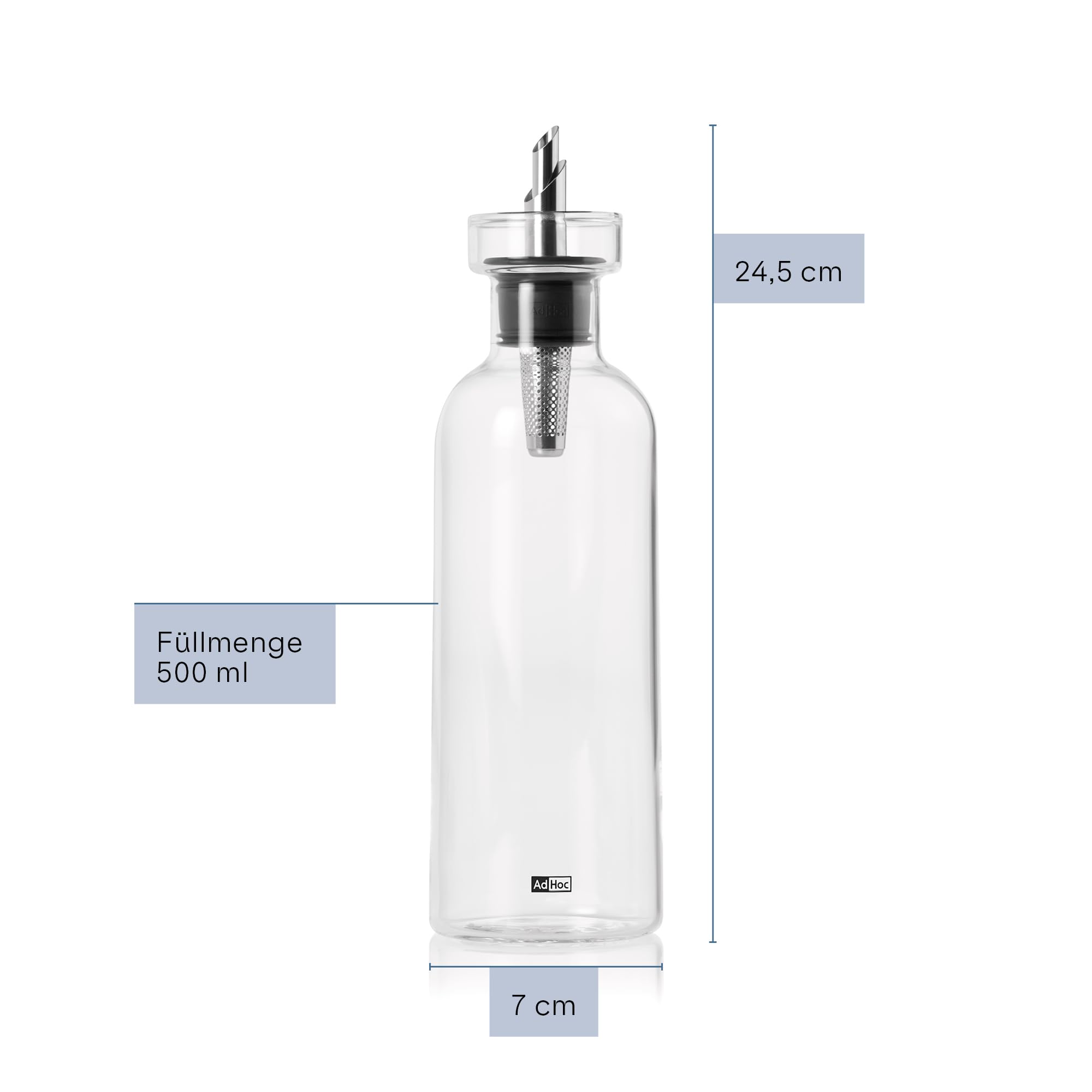 AdHoc BZ82 Set Ölspender oder Essigspender AromaPour aus Glas | elegante Olivenölflasche mit Ausgießer aus Edelstahl | ideal auch für Kürbiskern-Öl oder Essig | luftdicht, 500 ml
