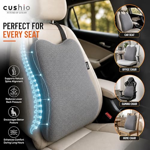 Image of CUSHIO Memory Foam Car Seat Cushion for Back Support, Ergonomic Lumbar Support for Car Seat & Office Chair, Car Back Support Cushion, Chair Cushion for Pain Relief & Posture (Grey)