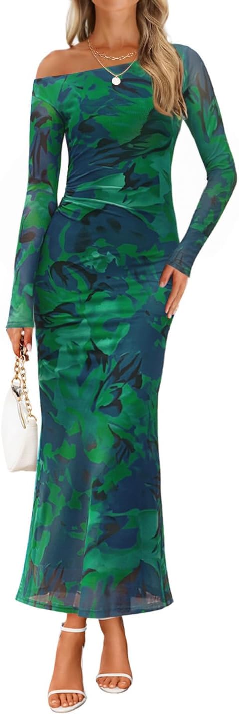 ZESICA Women's Long Sleeve Floral Maxi Dress 2026 Fall Off Shoulder Bodycon Ruched Mesh Cocktail Wedding Guest Dresses