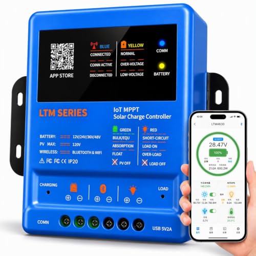 MPPT solarny regulator ładowania 30 A, 12 V, 24 V, 36 V, 48 V, 120 V, PV z aplikacją WiFi Bluetooth – inteligentny kontroler ładowania solarnego do przyczep kempingowych LiFePO4 AGM Off-Grid