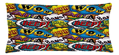 Lunarable Superhero Throw Pillow Cushion Cover, Comics Speech Bubbles Beep Wow with Vivid Old Effects Boys Supernatural Print, Decorative Rectangle Accent Pillow Case, 36