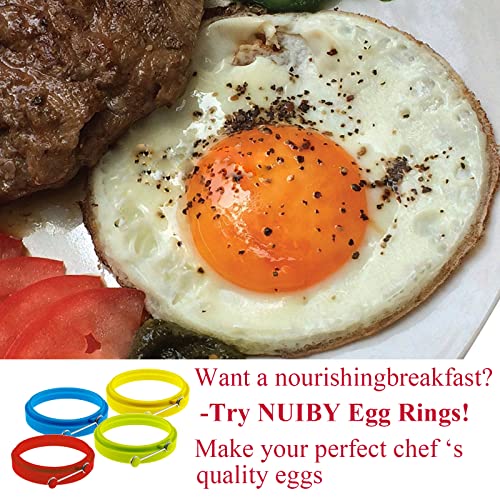 Silicone Egg Rings Round - Nuiby Non Stick Fried Egg Mold - Pancakes Maker Molds - Breakfast Egg Sandwich Cooker Maker - 4 Pack 4 Color, With Bonus 1 Spray Brush Or 2 Egg Poachers Or Both #TOP1