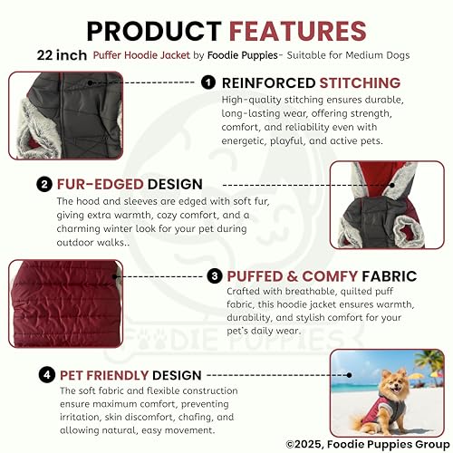 Image of Foodie Puppies Dog Puffer Hoodie Warm Winter Jacket - (Maroon Grey, 22 Inch) for Medium Sized Dogs | Ultra Warm Waterproof & Windproof Fur Coat | Washable Pet Vest Apparel for Cold Weather