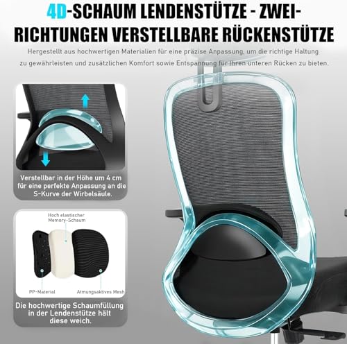 Milacyee Bürostuhl, Ergonomischer Bürostuhl mit Verstellbarer 4D Lendenwirbelstütze, Schreibtischstuhl mit Kopfstütze, Drehstuhl mit 90°-130° Liegefunktion (Abschließbar), Netzstuhl bis 150KG, Schwarz