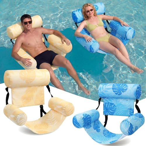 Blueweenly 2 Pack Inflatable Pool Float Chairs Adults Portable Heavy Duty Swimming Pool Lounge Adjustable Blow up Water Floating Hammock Raft for Summer Beach Lake Party(Tropical,Sky Blue,Champagne) by Blueweenly - Used condition - US$29.54