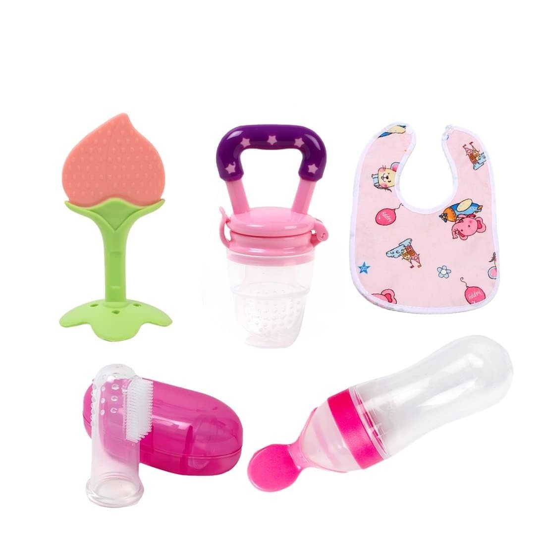BabyBee Baby Fruit Feeder Pacifier (1 Pcs) with 1 PCS Silicone Baby Food Dispensing Spoon 90ML and 1 pcs Fruit Teether 1pcs Finger Brush 1 pcs Baby bib (Pink)-image-15