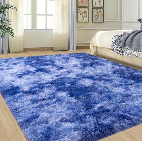 4x6 Blue Rugs for Bedroom, Kids Playroom Tie-dye Royal Blue Area Rugs for Boys Girls Teen Home Decor, Soft Fluffy Fuzzy Plush Shag Bedside Floor Living Room Carpet