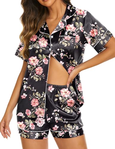 Image of Ekouaer Silk Pajamas for Women Short Sleeve Sleepwear Soft Button Down Loungewear 2 Piece Satin Pjs Shorts Set,Floral Black Pink,M