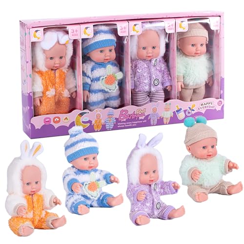 Vueos 4 Pcs 7 Inch Baby Doll Playset with 4 Adorable Clothes Mini Reborn Baby Dolls Nursery Toys for Toddlers Girls Kids 3+