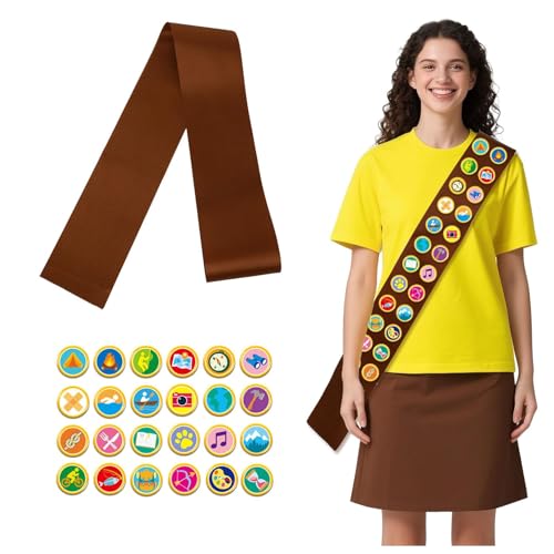 Halloween Scout Sash, Brown Satin Sash with 23 Pcs Scout Tactical Morale Pins Camping Adventure Badges for Halloween Camp Party Accessory