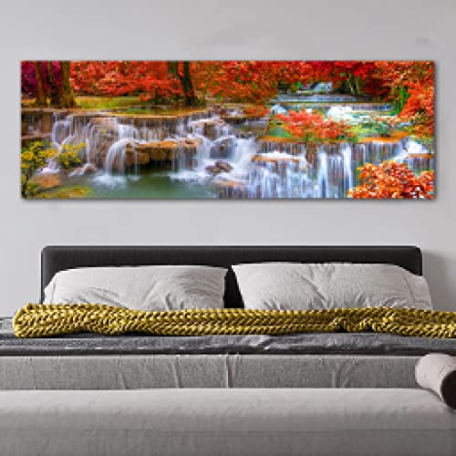Toile cascade arbre rouge peinture murale grand format 50x150cm pour habiller un mur vide