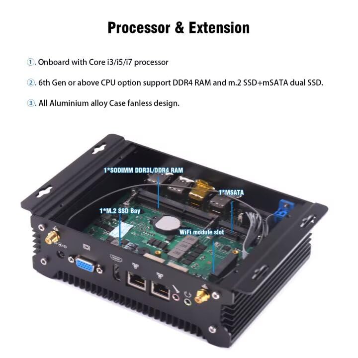 Image of Industrial Mini PC Core i7 4578U, Fanless PC i7 Win 10Pro, 2* RS232 COM, HD, VGA, 2* RJ45 LAN, WiFi, BT, 4G SIM Slot, 12V, 8*USB, Industrial Mini Computer Win7, 4GB DDR3L 128GB SSD