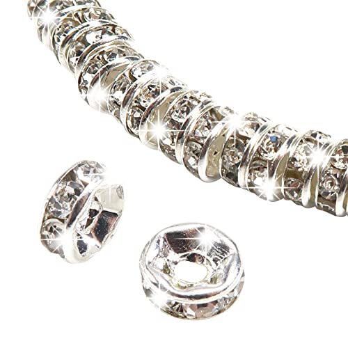 TOAOB 100 Piezas abalorios pulseras 6mm Plata Brillante Cuentas Espaciadoras de Cristal Redondos Abalorios Rhinestone Sueltos Rondelle piezas para Hacer Pulseras Collares Manualidades Joyería