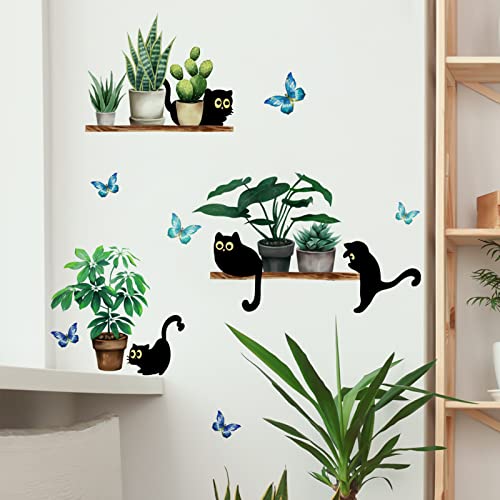 Khayrovies Black Cats Potted Plant Wall Decals, Tropical Green Plant Leaf Cactus Cartoon Cat Wall Stickers, Botanical Bonsai Wallpaper Home Décor For Living Room Bedroom Kitchen Nursery(A) #TOP4