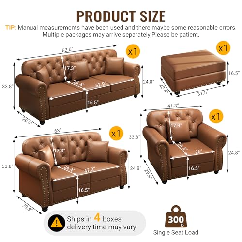Image of KEIKI 3-Piece Chesterfield Sofa Set with 1 Faux Leather 3-Seater Sofa & 1 Loveseat & 1 Single Sofa, 6-Seater Couch Set with Nailhead Trim & Rolled Arms & 1 Ottoman & 6 Pillow, for Living Room, Brown