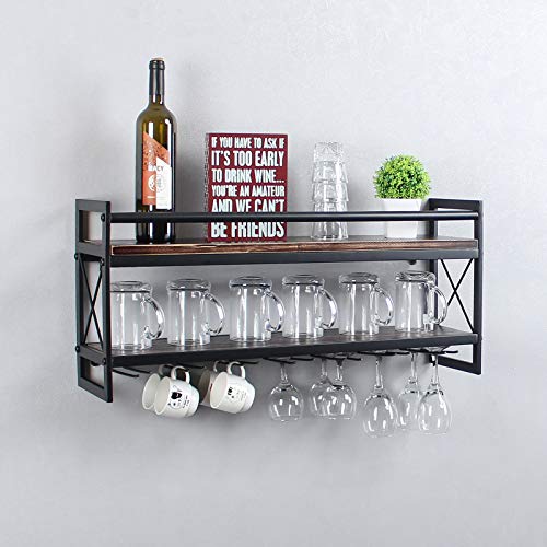 Womio Industrial Wine Racks Wall Mounted Stemware Glass Rack,2-Tier 30in Metal and Wood Shelf with 7 Stem Glass Holder for Wine Glasses,Mugs,Home Decor,Stemware Racks,Retro Black
