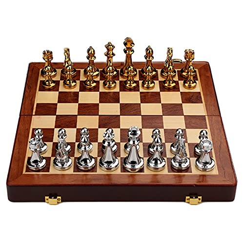 Newmind International Chess Set with Folding Wooden Chess Board and Classic Handmade Standard Pieces Metal Chess Set for Kids Adult - Gold Silver