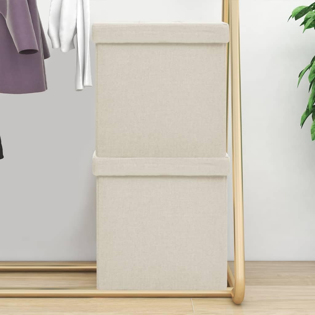 Juego de 2 taburetes plegables con espacio de almacenamiento, taburetes con tapa en color blanco crema, caja de almacenamiento plegable, aspecto de lino, 38 x 38 x 38 cm