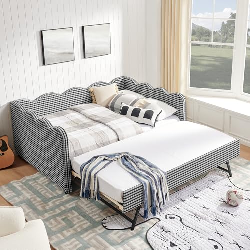 Image of KEIKI Full Size Upholstery Gingham Daybed with Trundle and USB, Black
