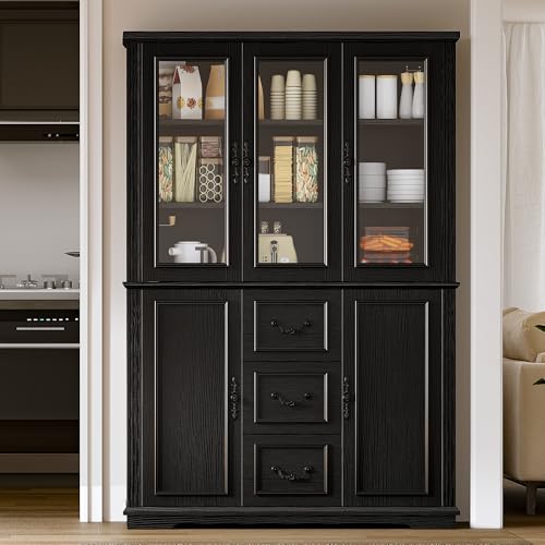 DWVO Large Storage Cabinet, 72" Tall Kitchen Pantry with Glass Doors, Freestanding Glass Display Cabinets with Adjustable Shelves & Drawers, Food China Hutch for Dining Room, Living Room, Black