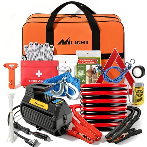 Nilight Car Emergency Kit with Jumper Cable, Portable Digital Air Compressor, and Tow Rope, Roadside Safety Emergency Tools for Vehicles Travel Camping Outdoor Truck SUV RV for Teen, Women, Men