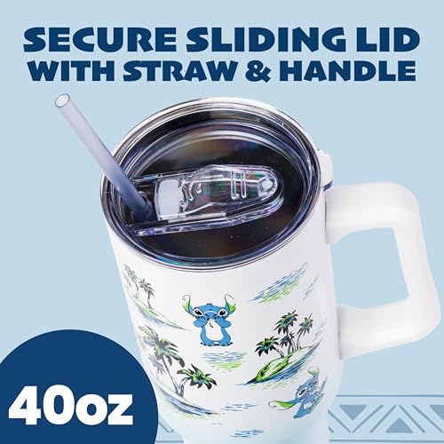 Image of Silver Buffalo Disney Lilo and Stitch Vintage Sketch Palm Trees and Flowers Double Walled Stainless Steel Tumbler with Handle and Straw, Fits in Standard Cup Holder, 40 Ounces