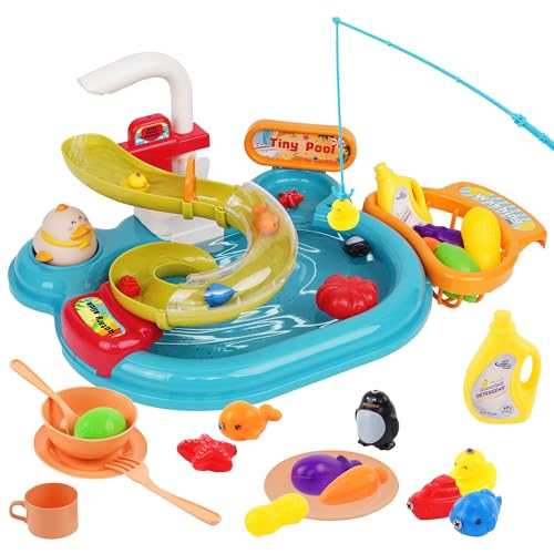 Eapura 3 in 1 Play Kitchen Sink Toys with Running Water Contains Track,Fishing Game,Tap,Pretend Role Play Dishwasher Toy for Boys Girls Toddlers,Baby Kitchen Set for 1 2 3 4 Year Old(Blue)