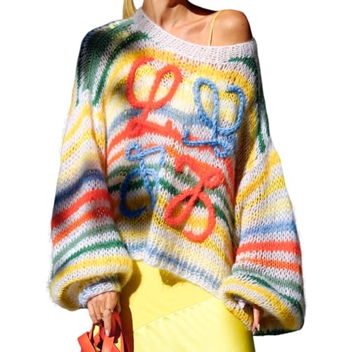 Women's Rainbow Striped Fluffy Sweater Pullover...