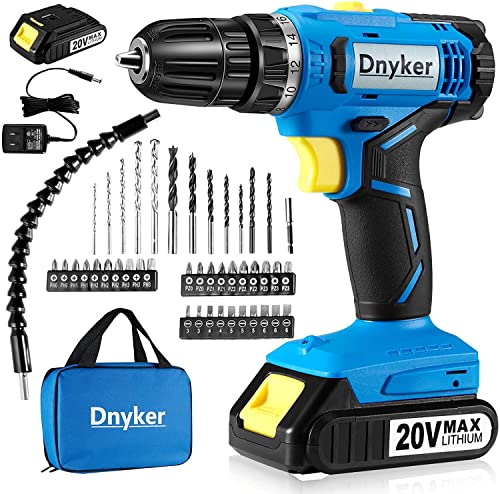 DNYKER 20V MAX Cordless Drill,49pcs Accessories Drill Set 2000mAh Li-ion Battery 3/8’’ Keyless Chuck with 330 in-lb Torque 18+1 Clutch,1600rpm 2 Speed Power Drill Driver Built-in LED Light for Home