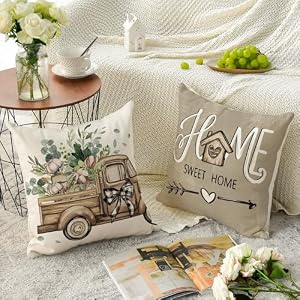 AVOIN colorlife Bless Our Home Farmhouse Eucalyptus Leaves Throw Pillow Covers 18 x 18 Inch Truck Home Sweet Home Cushion Case Decorations Set of 4