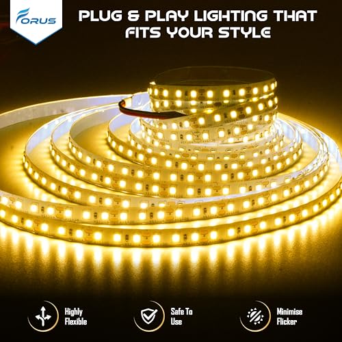 Image of Forus 5 Meter (5M) 8mm Yellow LED Strip Light, 120 LEDs /M Plug & Play Flexible Lighting for Home Decor, False Ceiling, Kitchen, Pooja Room, Mirror, Stairs, Adapter Included, 2-Year Warranty