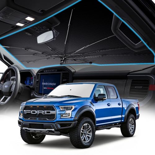 Truck Windshield Sun Shade for Ford F150 2021-2025 Crystal Coating Blocks 99% UV - Keep Car Cooler and Protect Interior 360 Swivel Handle for Easy Adjustment