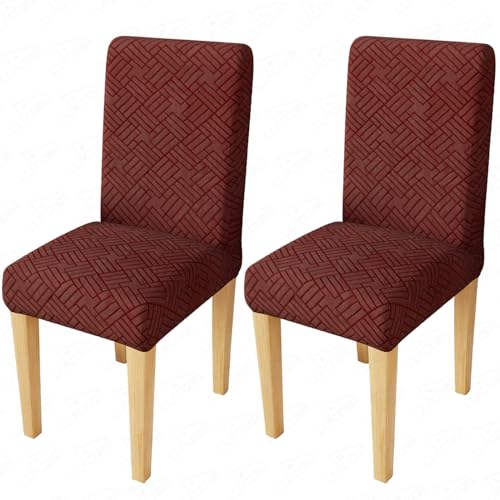 Image of Lukzer Elastic Dining Chair Cover - 2PC Pastel Deep Maroon Abstract | Textured High Stretch Jacquard Seat Cover | Removable Washable Short Dining Chair Cover Protector Seat Slipcover | (CC-172-02)