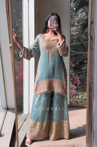 Image of PERFECT CHOICE WOMEN'S Heavy Natural Crep Silk Stitched Ethnic Salwar Kameez - Long Kurti with Embroidered Sleeves, Party & Festival Wear (SF251-ve115 Black1 XXL)