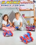 Voiture de télécommande Spider pour garçons - RC Voitures pour enfants, 360°Rotation 4WD Jouets électriques pour véhicules âgés de 6 à 8 ans 9 Cadeaux d'anniversaire pour fillette de 10-12 ans-Blue&Red 4WD Voiture RCstunt avec épingles 360°,LED phare et pâte rechargeable