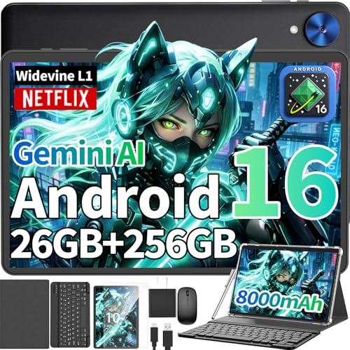 Image of Android Tablet with Keyboard - 10 inch Android 16 Tablet with 26GB+256GB+2TB Expand, Electronic Tablet with 8-Core, Gemini AI, 5G WiFi, 8000mAh, GPS, GMS, Tablet PC with Case /Mouse /Stylus(Silver Case)