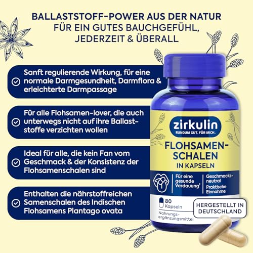Zirkulin Flohsamenschalen (80 Kapseln) - fördert die Verdauung & Darmgesundheit - Geschmacksneutral - Unterstützen eine ballaststoffreiche & gesunde Ernährung - Sehr gut Quellfähig