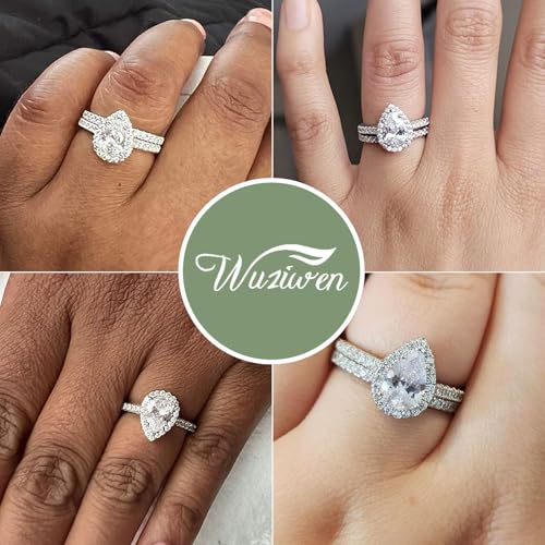 Wuziwen Pear Cut Wedding Band Bridal Ring Set for Women Halo CZ 925 Sterling Silver2