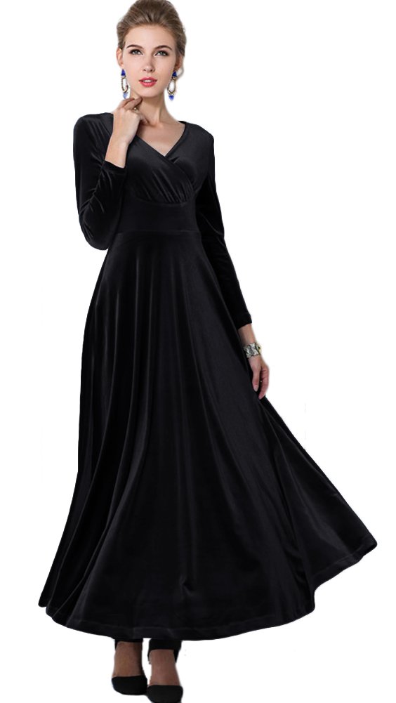 Urban GoCo Mujeres Vestidos Terciopelo Largo Elegante V-Cuello Manga Larga Maxi Vestidos para Cóctel Fiesta
