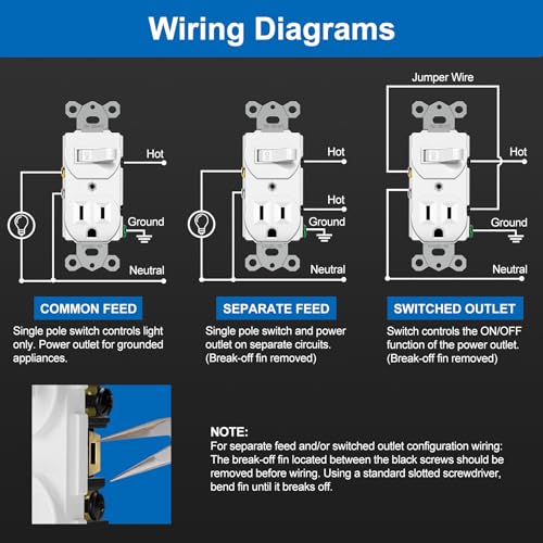 BESTTEN 2 Pack Combination Toggle Light Switch and Duplex Receptacle Outlet, Single Pole Toggle Wall Switch, Grounded Outlet, Combo Style, 15 Amp, Wallplate Included, UL Listed, White - Thumbnail 5