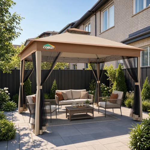 Image of COBIZI 13x13 FT Pop up Gazebo on Clearance - Outdoor pop up Canopy Tent,carpas para Patio, Shelter - Screen Tents with Portable Carry Bag, Patio Gazebos for Camping,Garden,Deck,Backyard,Khaki