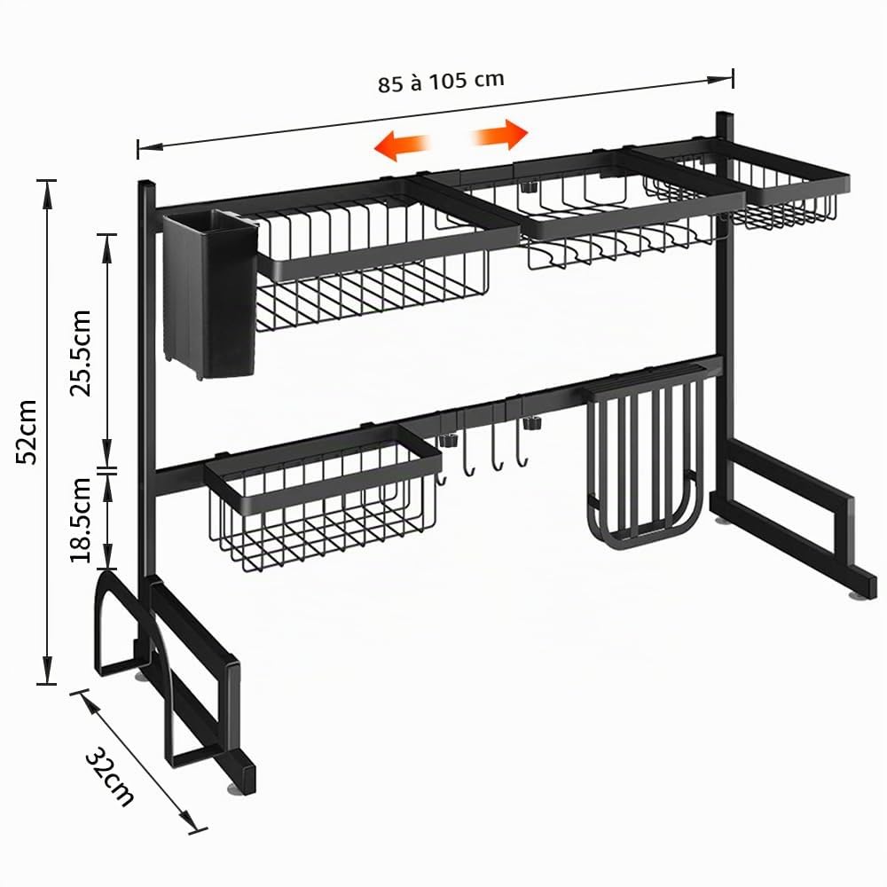 OHMG Égouttoir à Vaisselle à 3 étages au-Dessus de l'évier,Grand Organisateur d'évier en Acier Inoxydable avec Plusieurs paniers,Porte-ustensiles,Grande étagère de Rangement (85-105 * 32 * 52cm)