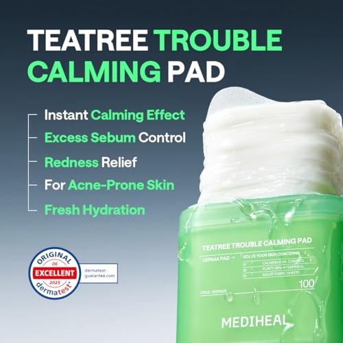 Image of MEDIHEAL Toner Pads 100 Count - Teatree Trouble Calming - Contains Purity 99% Teatree (4-Terpineol) - for Sensitive & Acne Prone Skin - Vegan Hypoallergenic Face Gauze, Korean Skin Care