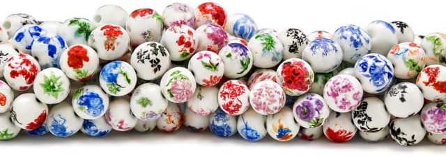 Nagneshi Printed Ceramic Beads – 1 String (Approx. 32 Pieces), 8MM Multicolor Floral Design Round Beads for Jewelry Making, DIY Necklace, Bracelet & Earrings