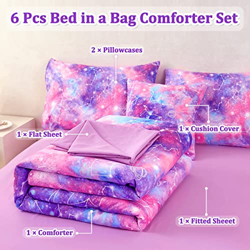 Image of 6 Pcs Purple Girls Bedding Set, Comforter Set Galaxy Full Bedding Set for Girls Teens